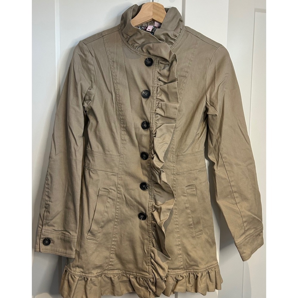 Stella Star Ruffle Button Front Jacket Floral Lined Funnel Neck Feminine Capsule